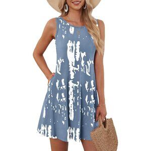 Women's Print Gray Sleeveless Crew Neck Summer Boho Beach Dress with Pockets
